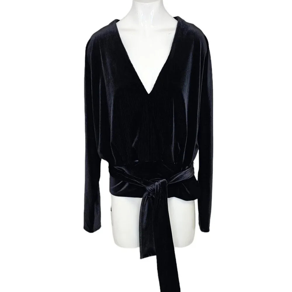 Good American Black Velvet Long-Sleeve Wrap Blouse